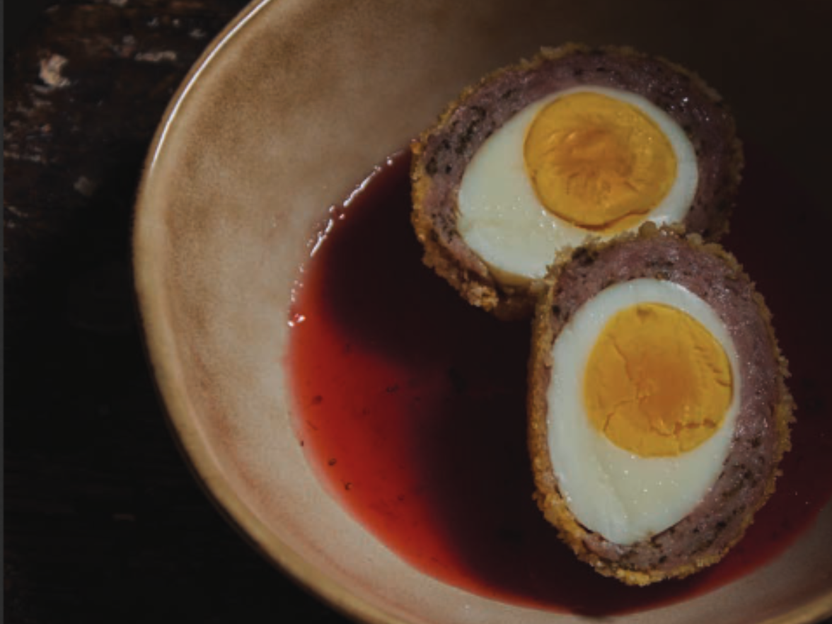 Scotch Eggs with Strawberry-Serrano Sauce from Cuisine To Kill For