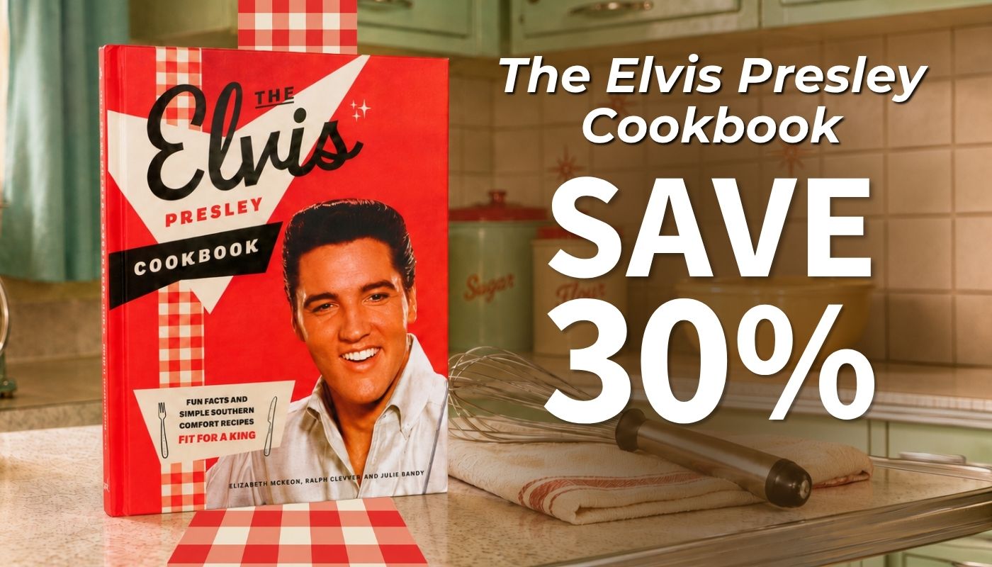 The Elvis Presley Cookbook standing on a kitchen counter with large promotional text reading 'The Elvis Presley Cookbook SAVE 30%'. A whisk and kitchen items are visible in the background, and a red-and-white checkered cloth is in front of the book.