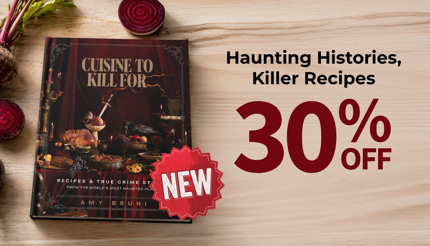 Cookbook titled 'Cuisine to Kill For' displayed on a light wood surface with beet greens and beets around it, alongside promotional text reading 'Haunting Histories, Killer Recipes' and '30% OFF' with a red 'NEW' badge.