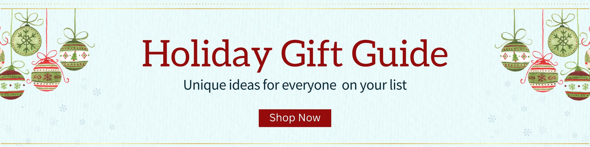 Holiday Gift Guide banner with hanging red and green ornaments, reading “Unique ideas for everyone on your list.” Shop Now