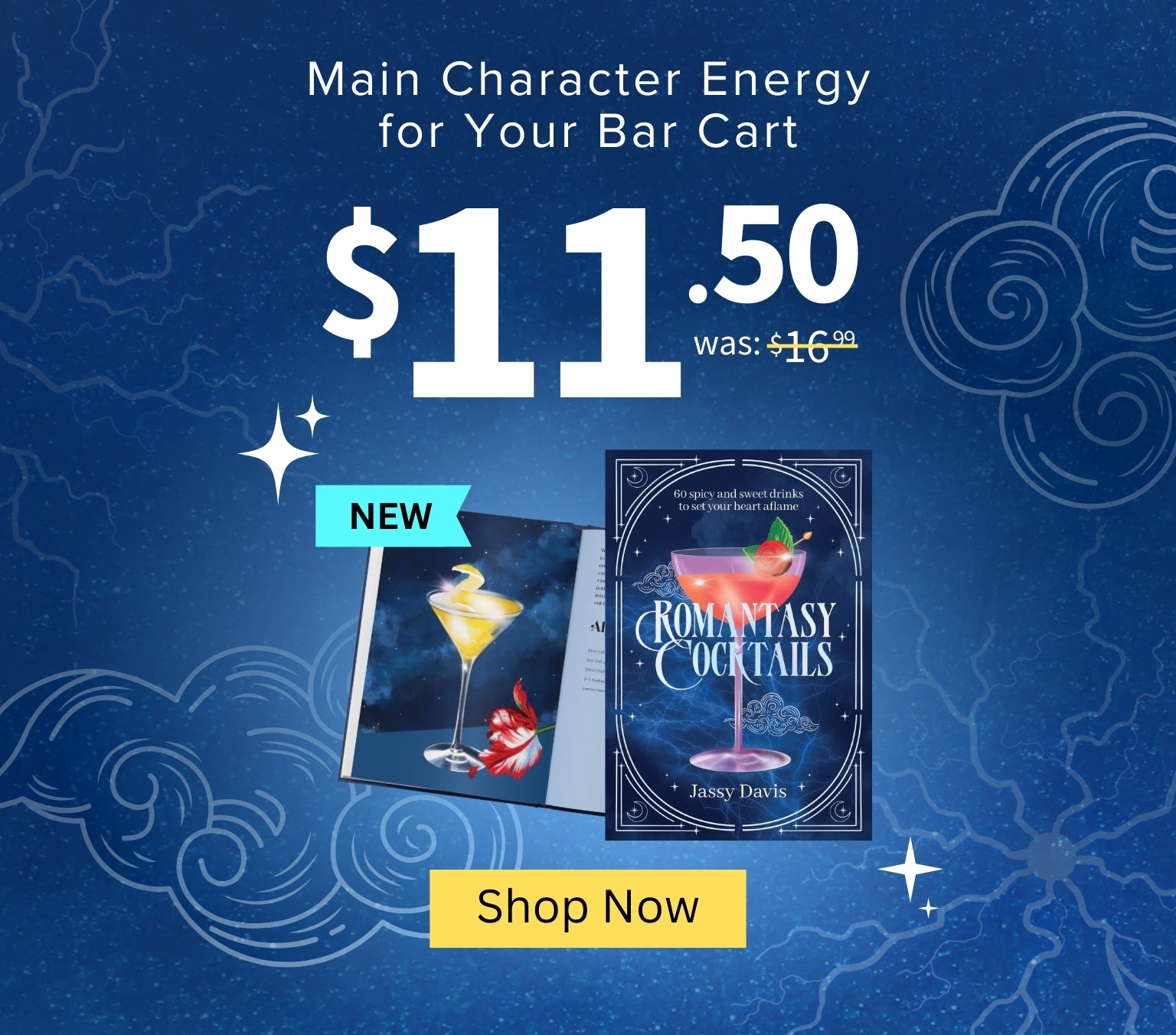 Promotional banner for a book titled 'Romantic Cocktails' with a price tag and 'Shop Now' button on a blue background. Main Character Energy for Your Bar Cart $11.50 was $16.99 - Shop Now