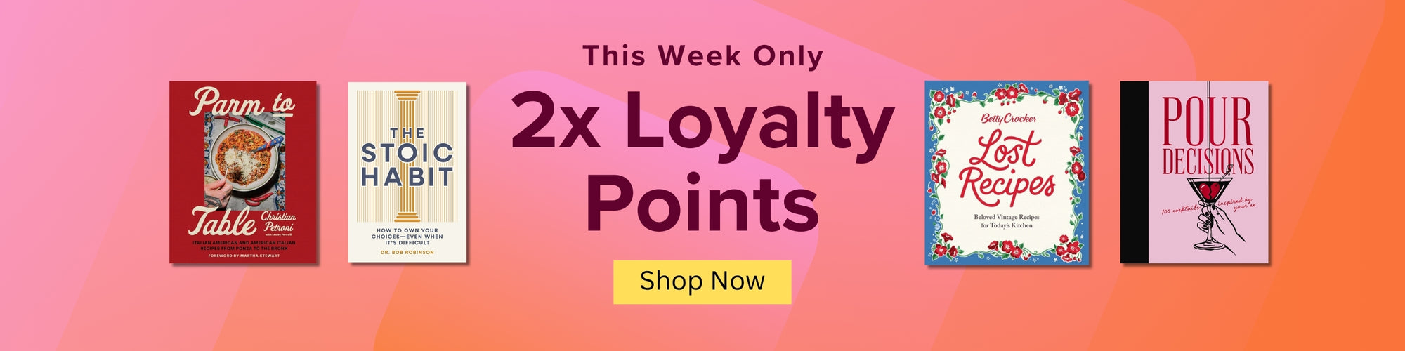 Promotional banner with books and loyalty points offer on a gradient background. This Week Only 2x Loyalty Points - Shop Now