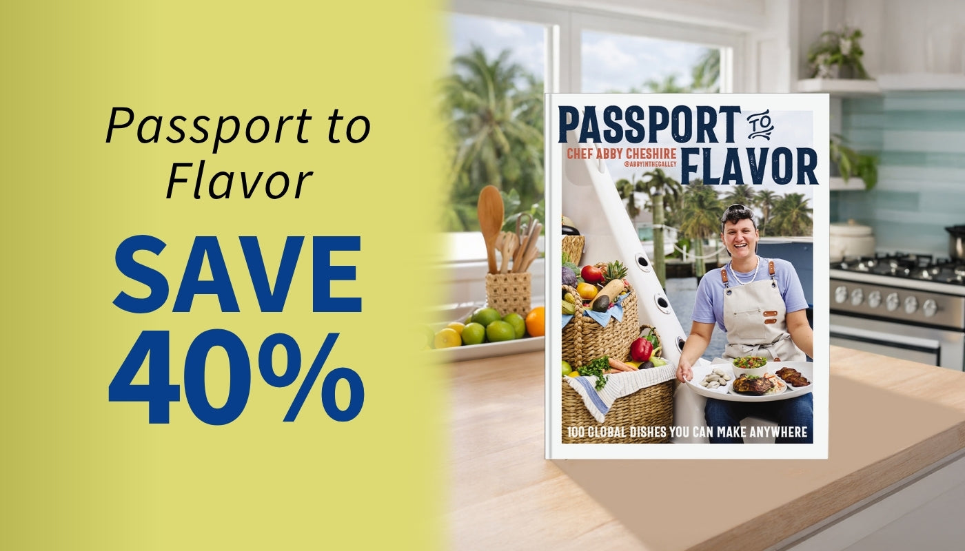 Advertisement for 'Passport to Flavor' cookbook club with a discount offer on a yellow background with the copy Save 40% - Shop Now