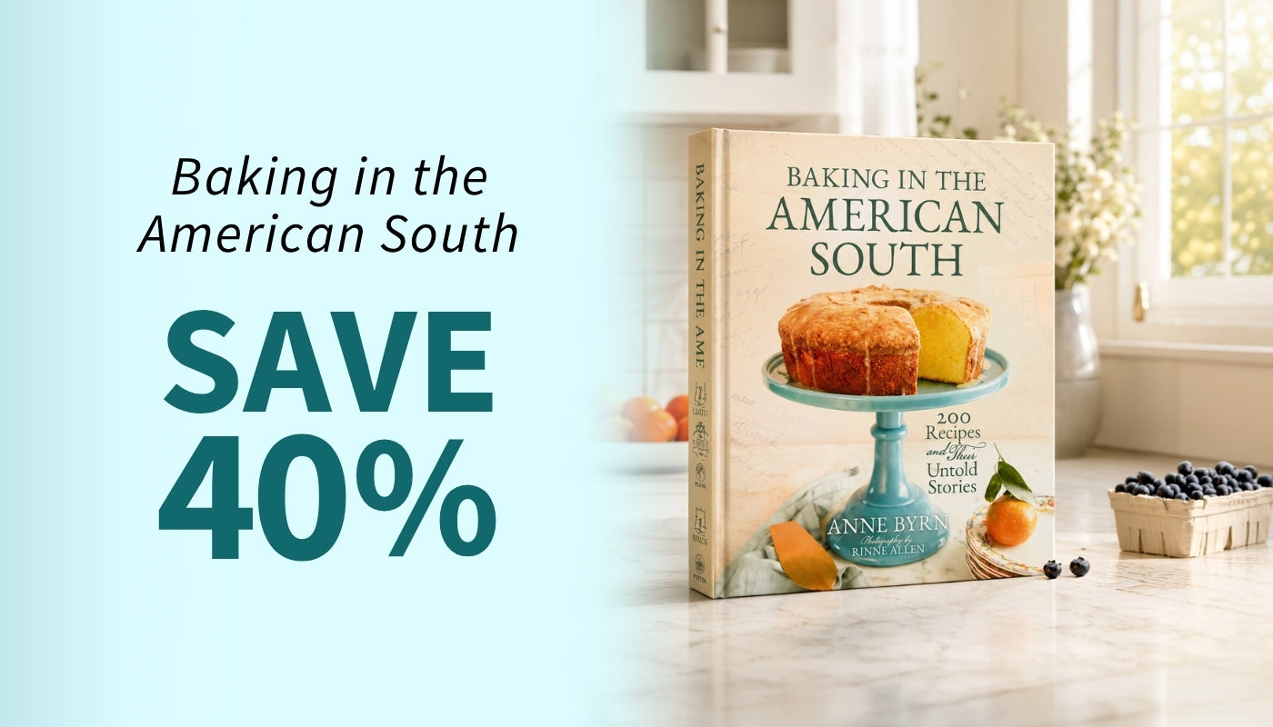 Book titled 'Baking in the American South' with a promotional message on a kitchen counter with the copy Baking in the American South Save 40%