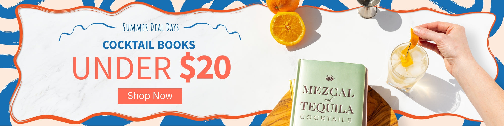 Promotional banner for cocktail books under $20 with a book titled 'Mezcal Tequila Cocktails' and a hand holding a drink.