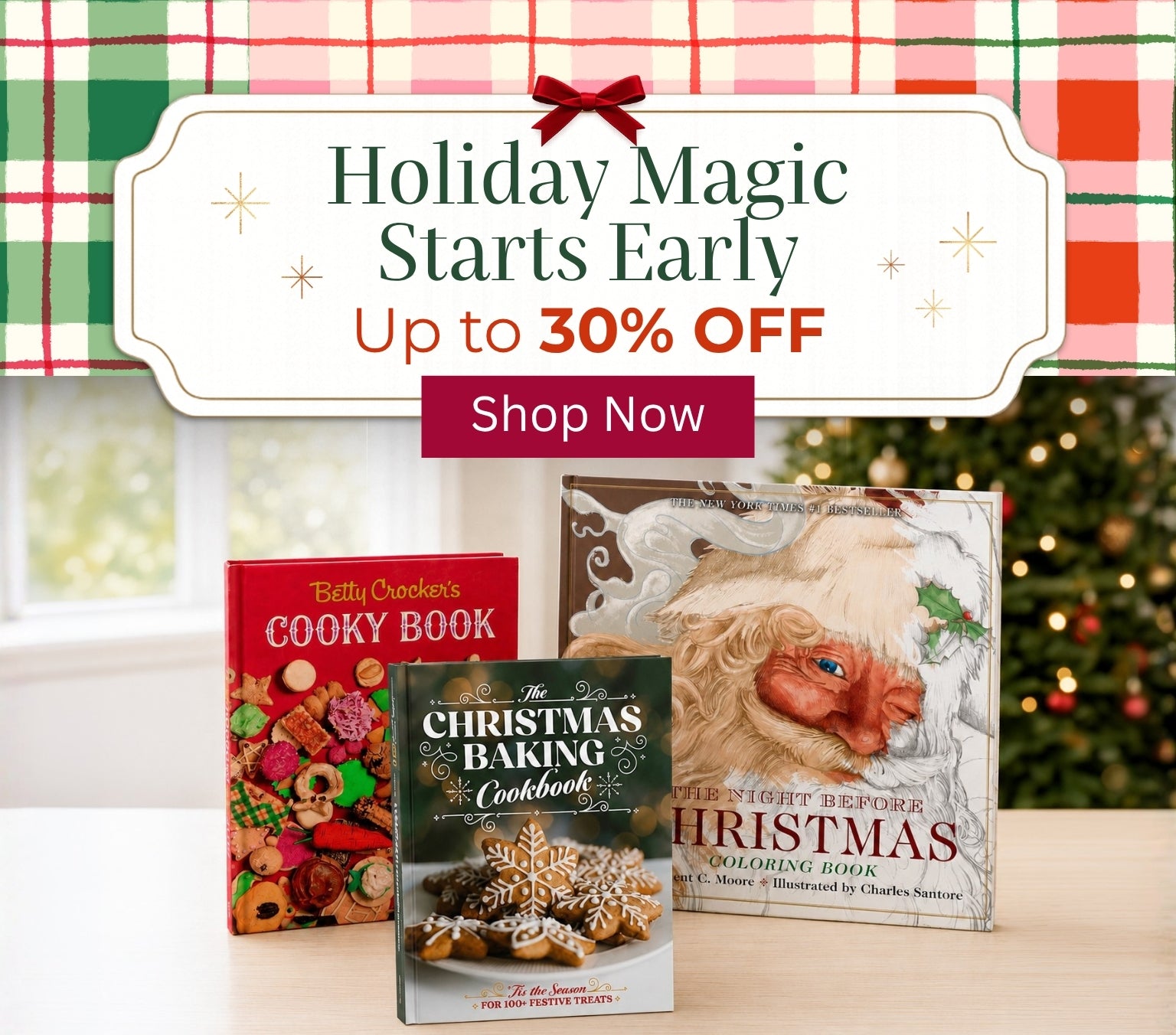 Three holiday-themed cookbooks displayed on a tabletop in front of a Christmas tree, with a large promotional banner reading 'Holiday Magic Starts Early Up to 30% OFF' and 'Shop Now'. 
