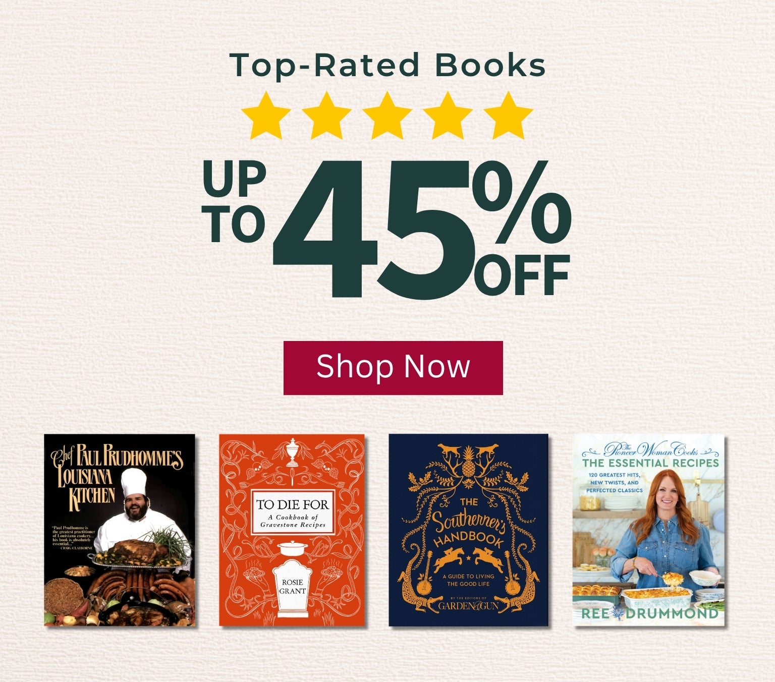 A promotional banner featuring four cookbook covers with the text 'Top-Rated Books', 'UP TO 45% OFF', and a red 'Shop Now' button on a light beige background.