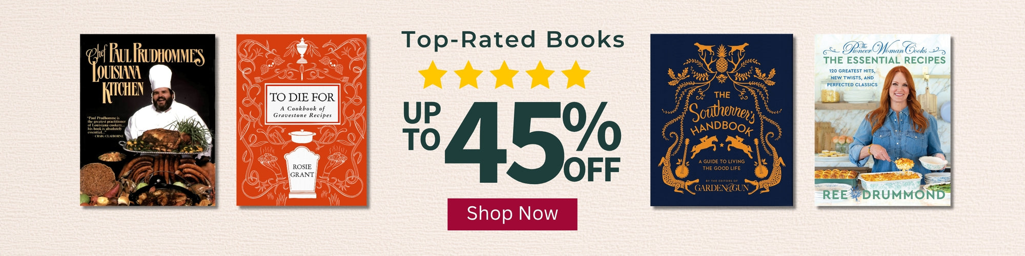 A promotional banner featuring four cookbook covers with the text 'Top-Rated Books', 'UP TO 45% OFF', and a red 'Shop Now' button on a light beige background.