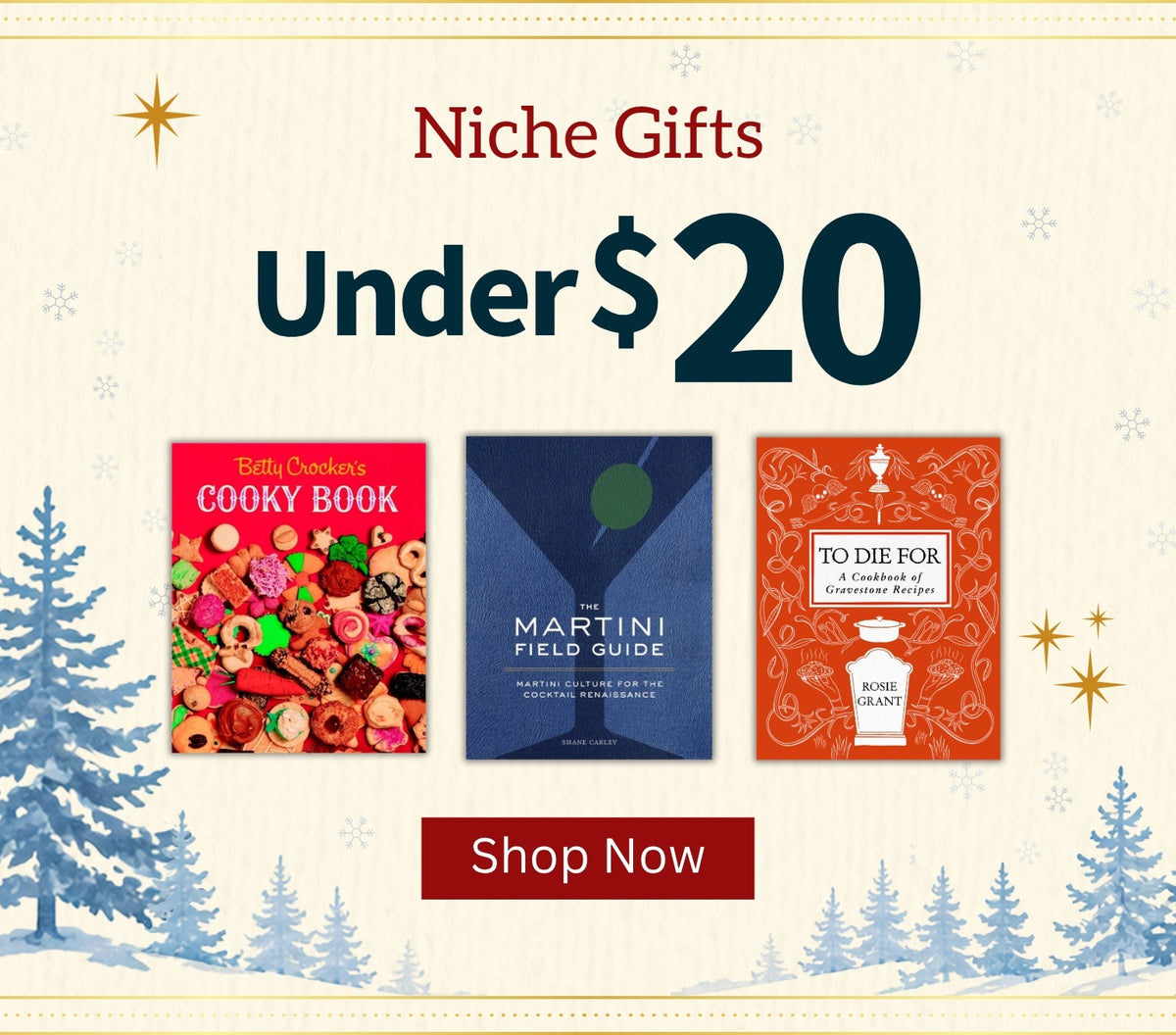 Promotional graphic for 'Niche Gifts Under $20' featuring three book covers. The background is cream with winter tree silhouettes and a red 'Shop Now' button.