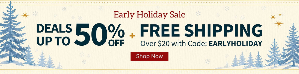 Promotional banner for an early holiday sale with text reading 'Deals up to 50% off + Free Shipping Over $20 with Code: EARLYHOLIDAY' and a red 'Shop Now' button, framed by snowy pine trees on a cream background.