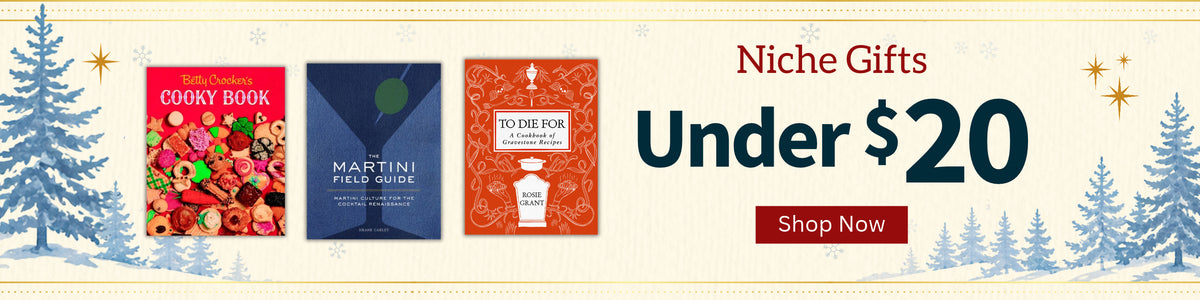 Promotional graphic for 'Niche Gifts Under $20' featuring three book covers. The background is cream with winter tree silhouettes and a red 'Shop Now' button.