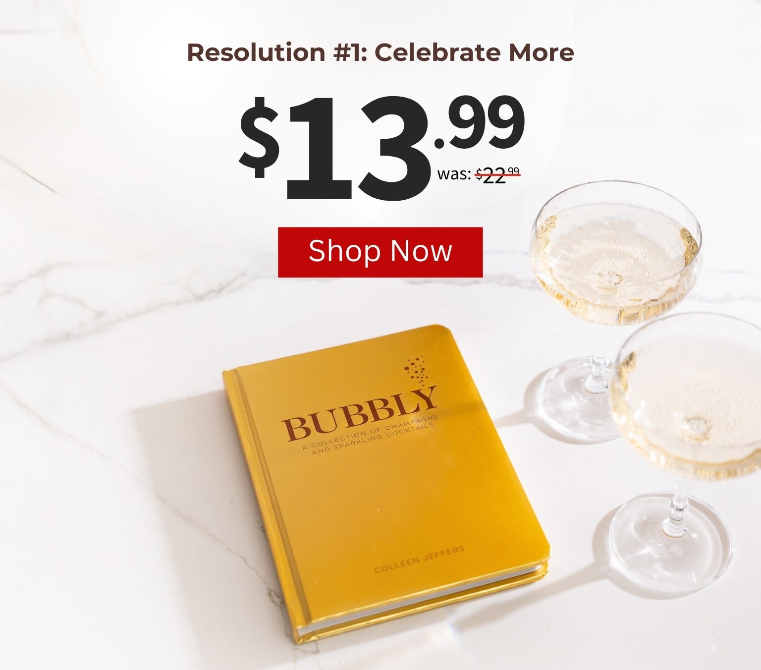 Promotional banner for a product with a price tag and 'Shop Now' button on a white background with the copy Resolution #1: Celebrate More $13.99 was $22.99