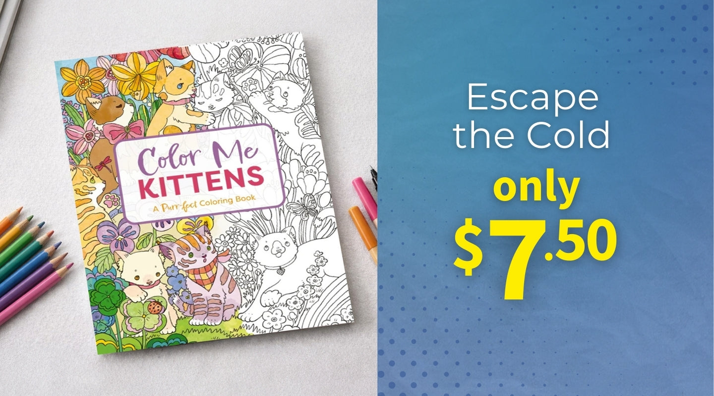 Coloring book titled 'Color Me Kittens' with coloring pencils on a light gray surface, promotional text on a blue background.