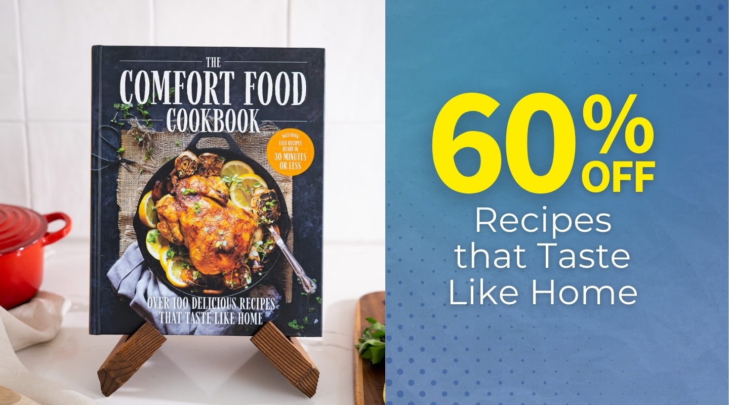 Cookbook titled 'The Comfort Food Cookbook' with a promotional banner on a white background