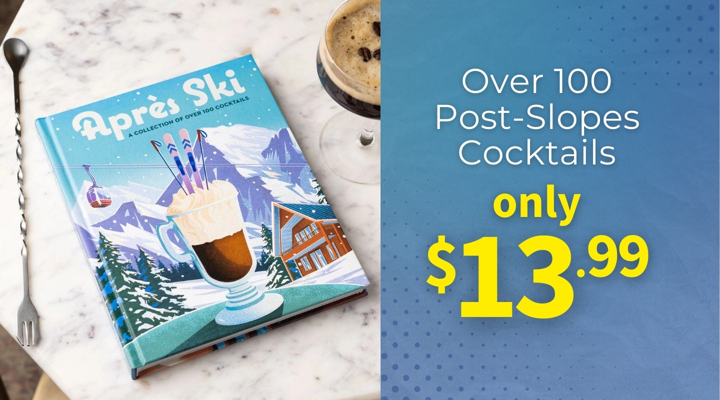 Book titled 'Après Ski' with a coffee cup and spoon on a marble surface, promotional text on a blue background.