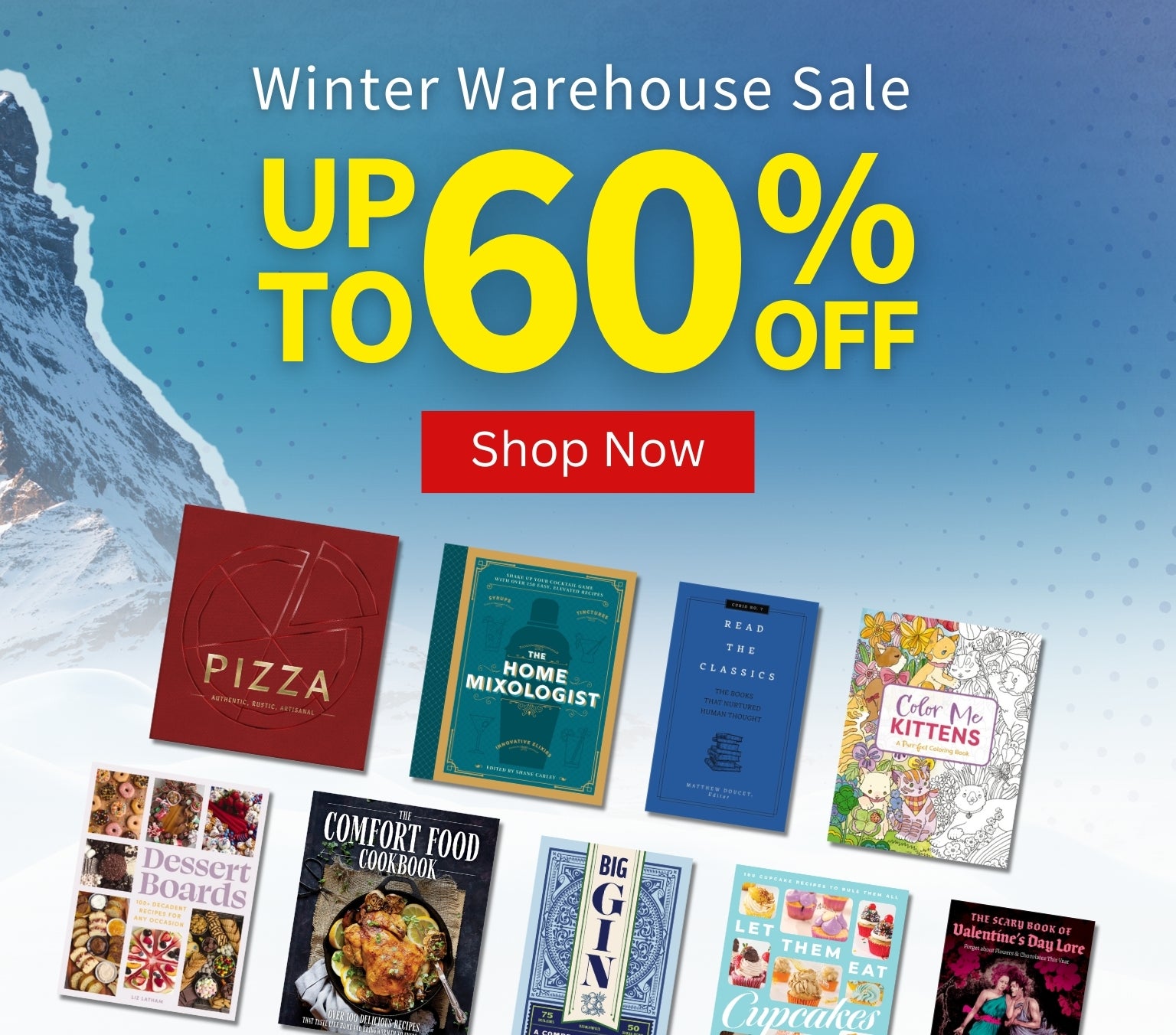 Winter Warehouse Sale banner with books and mountain background - up to 60% off - Shop Now