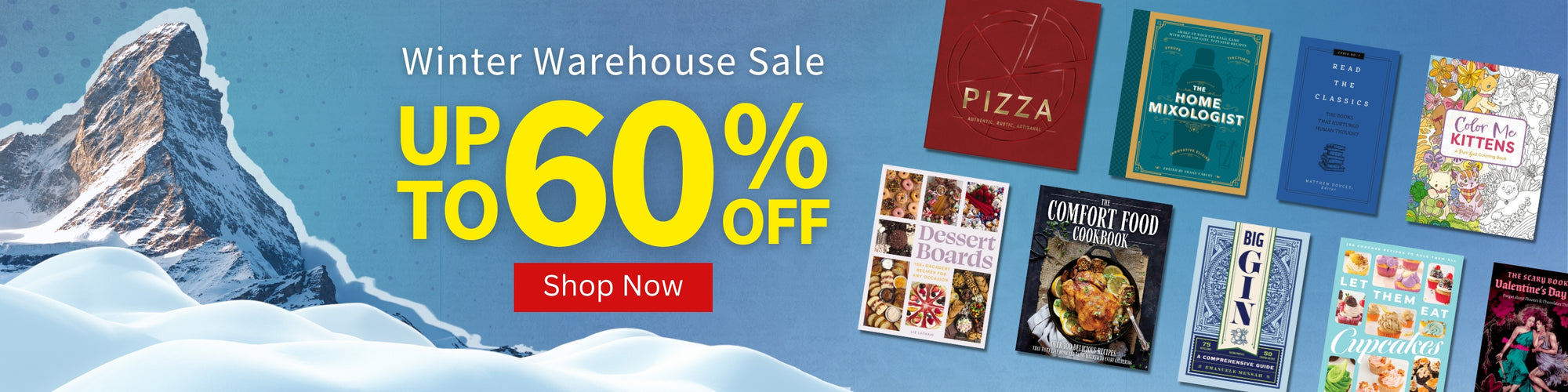 Winter Warehouse Sale banner with books and mountain background - up to 60% off - Shop Now