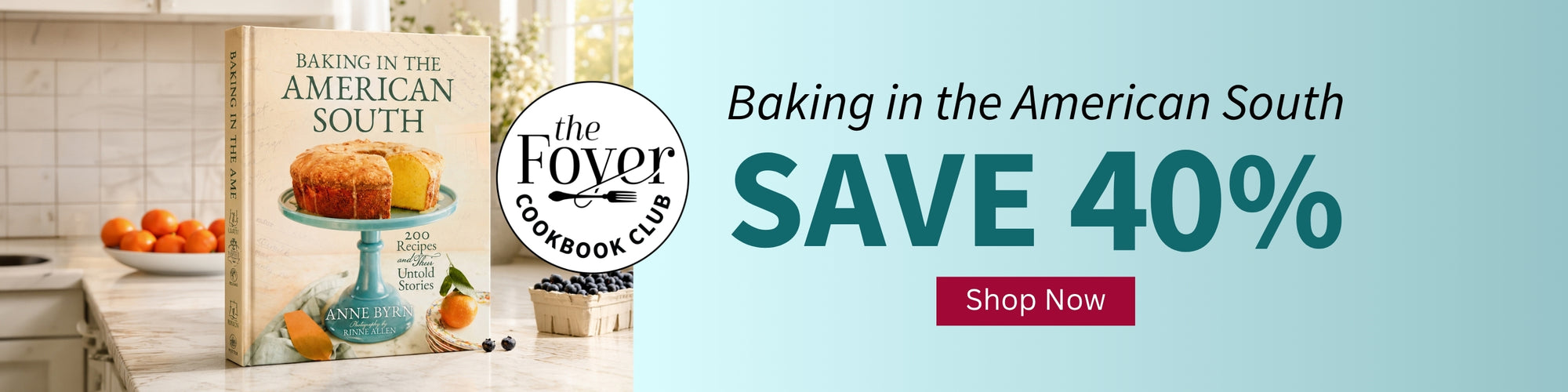 Advertisement for 'Baking in the American South' cookbook with a discount offer on a light blue background.